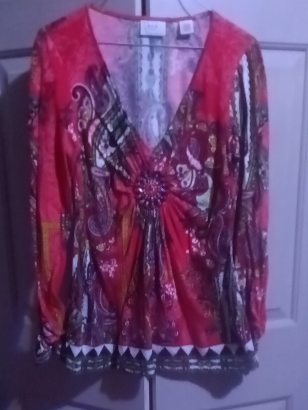 ECI Red Paisley V-Neck Long Sleeve Blouse with Center Embellishment